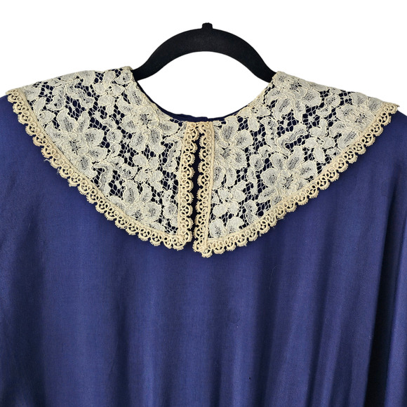Vintage 80s Nina Piccalino Dress navy dolman statement lace collar junior 5/6 - Picture 8 of 11